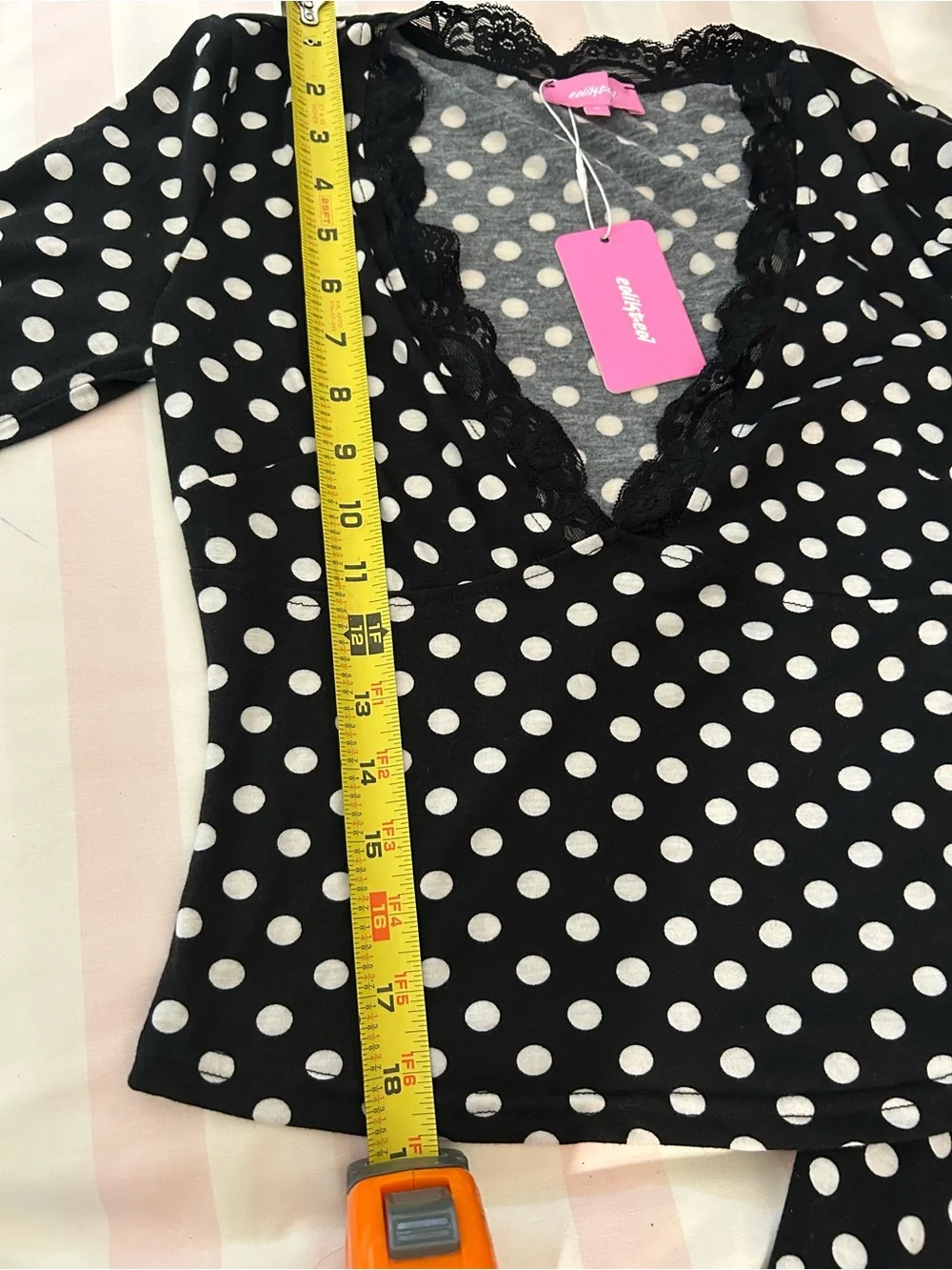Edikted Black and White Polka Dot Lace-Trim Size M V-Neck Long Sleeve Top - Picture 6 of 15